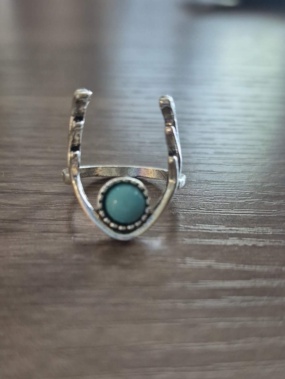 Turquoise Like Stone Silver Alloy Antler Ring - Sz 7